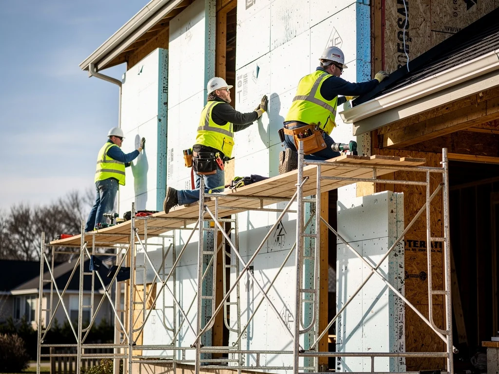 Pose des panneaux isolants sur un mur de façade depuis un échafaudage