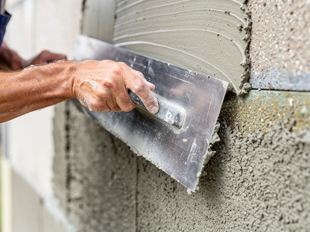 Ravalement de façade en cours, application de l'enduit de finition